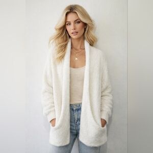 Anthropologie Knitted & Knotted Plush Cardigan Sweater Size S White Fuzzy